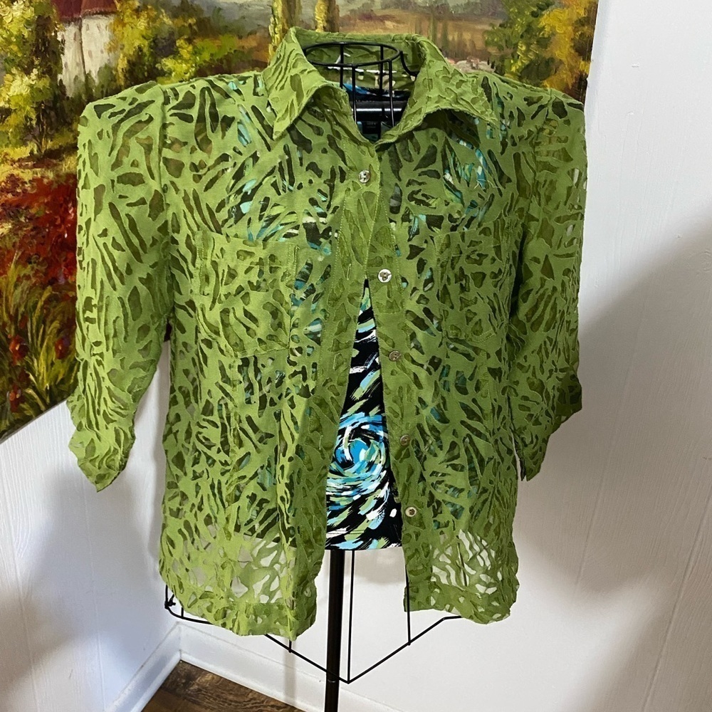 Perceptions size 8 petite set‎ to and sheer jacket green multicolored stretch